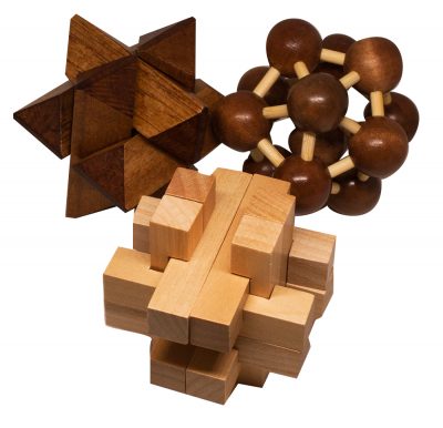 Набор из 3 деревянных головоломок-антистрессов разного уровня сложности