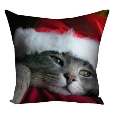Подушка с принтом 40х40 см «Котик в новогодней шапке»